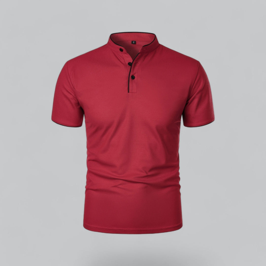 Herren Kragenlos Baumwoll Poloshirt Kurze Ärmel - Dark Red