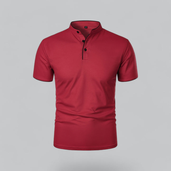 Herren Kragenlos Baumwoll Poloshirt Kurze Ärmel - Dark Red