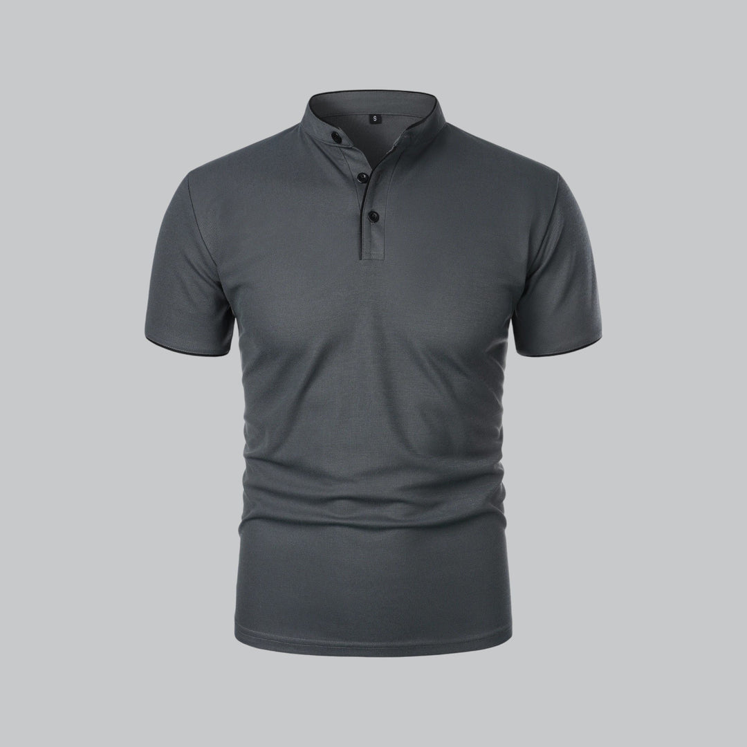 Herren Kragenlos Baumwoll Poloshirt Kurze Ärmel - Dark Grey