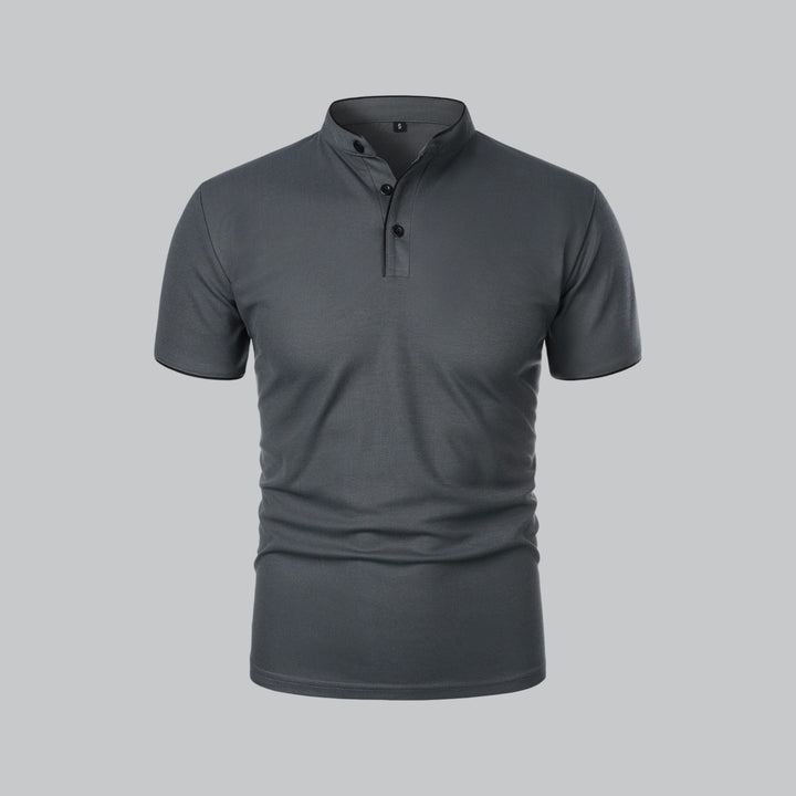 Herren Kragenlos Baumwoll Poloshirt Kurze Ärmel - Dark Grey