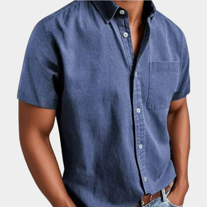 Herren Kurzarm Denim-Freizeithemd mit Brusttasche - Blau