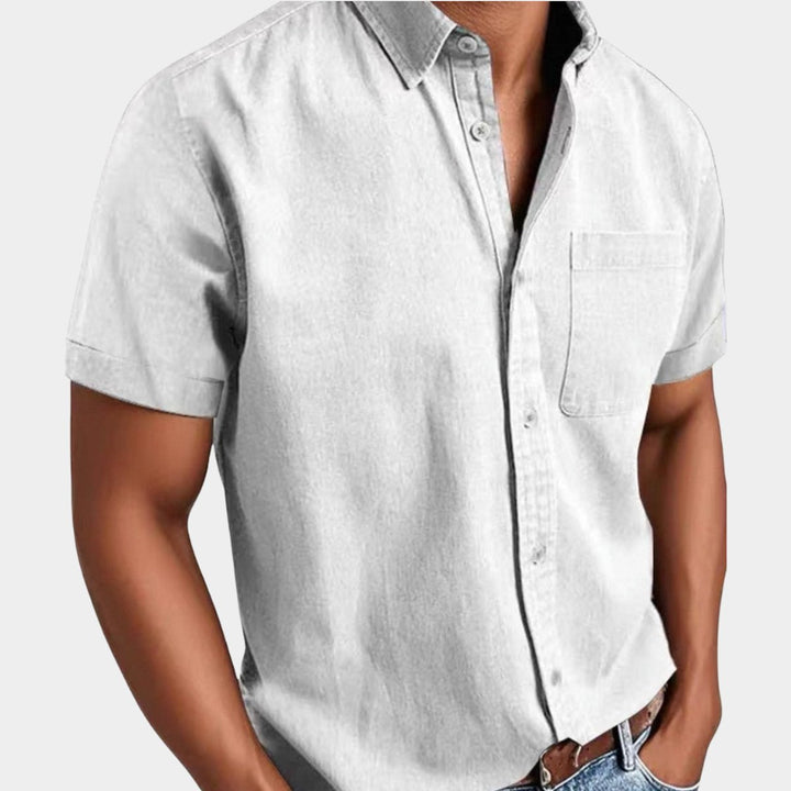 Herren Kurzarm Denim-Freizeithemd mit Brusttasche - Weiß