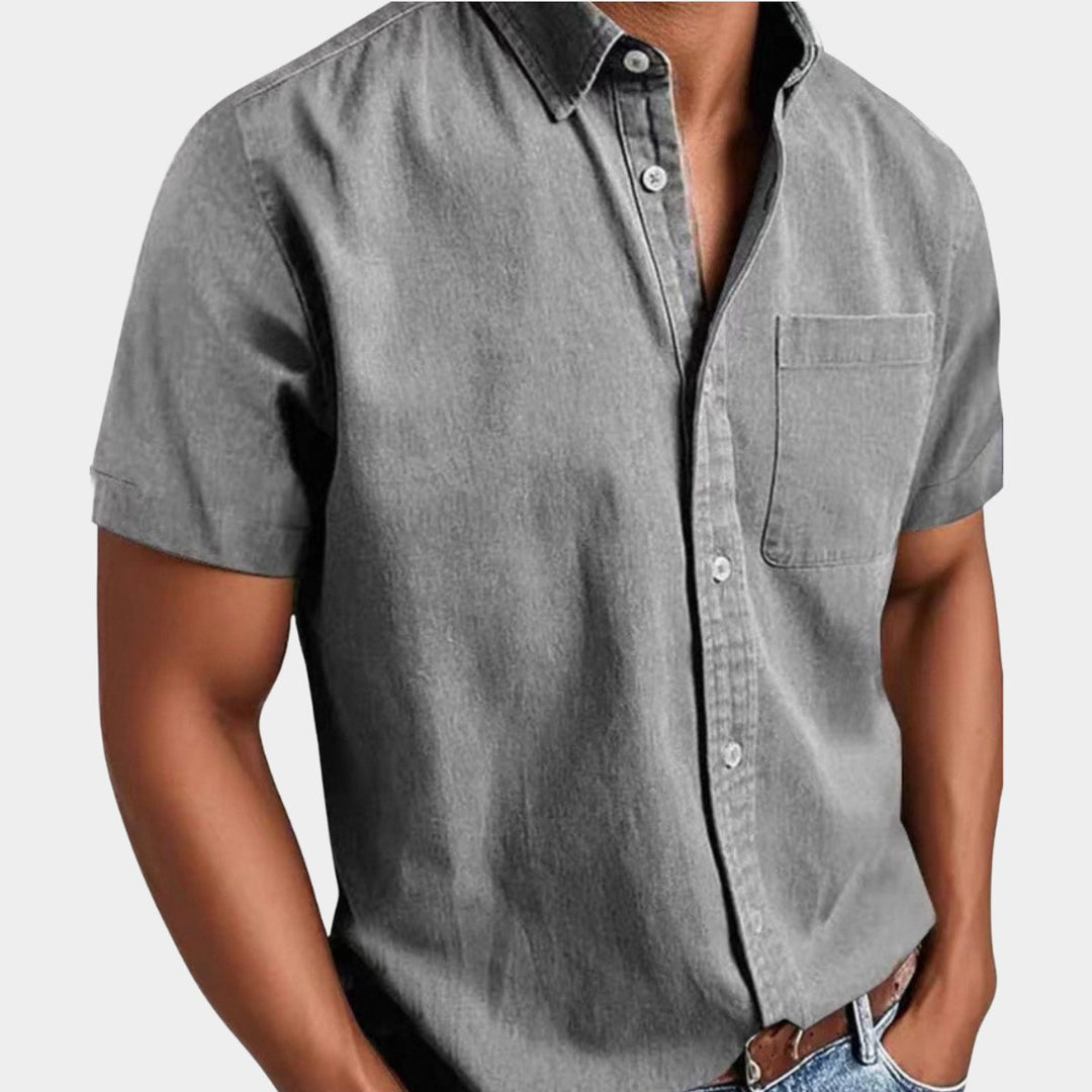 Herren Kurzarm Denim-Freizeithemd mit Brusttasche - Grau