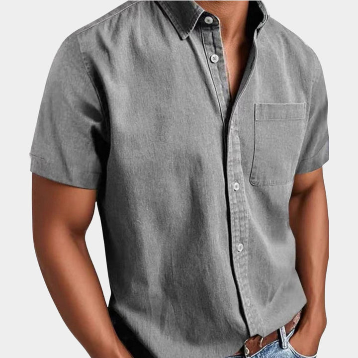 Herren Kurzarm Denim-Freizeithemd mit Brusttasche - Grau