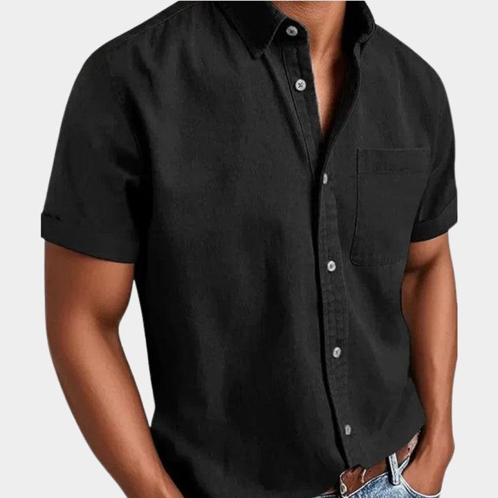 Herren Kurzarm Denim-Freizeithemd mit Brusttasche - Schwarz