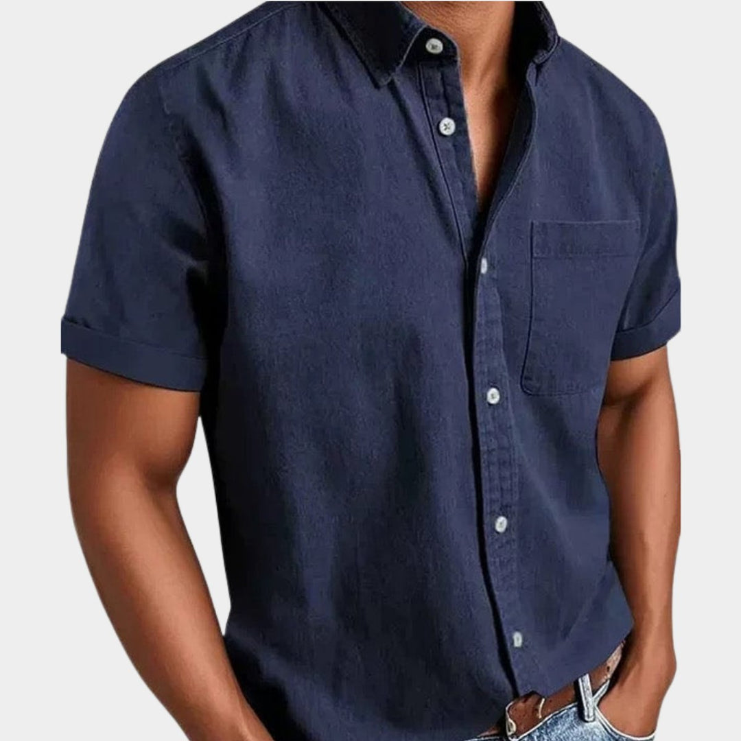 Herren Kurzarm Denim-Freizeithemd mit Brusttasche - Marineblau