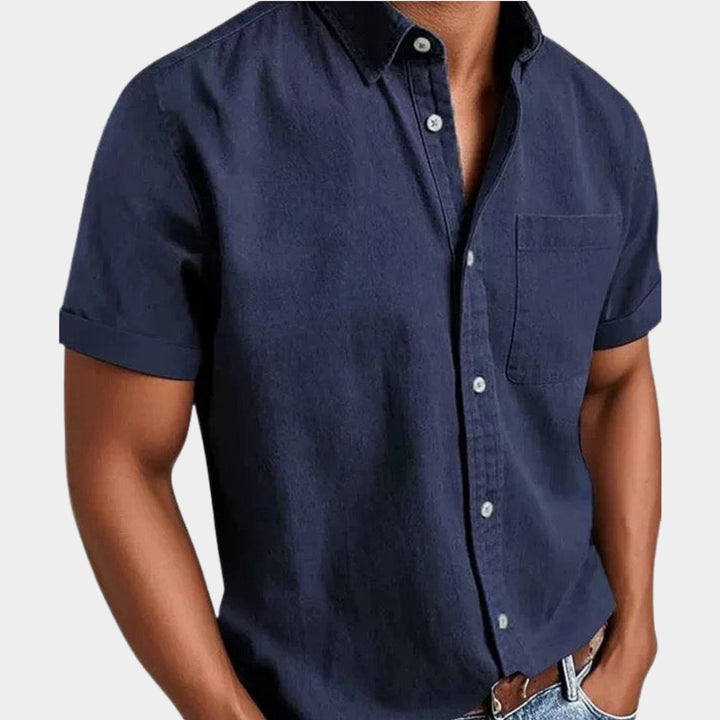 Herren Kurzarm Denim-Freizeithemd mit Brusttasche - Marineblau