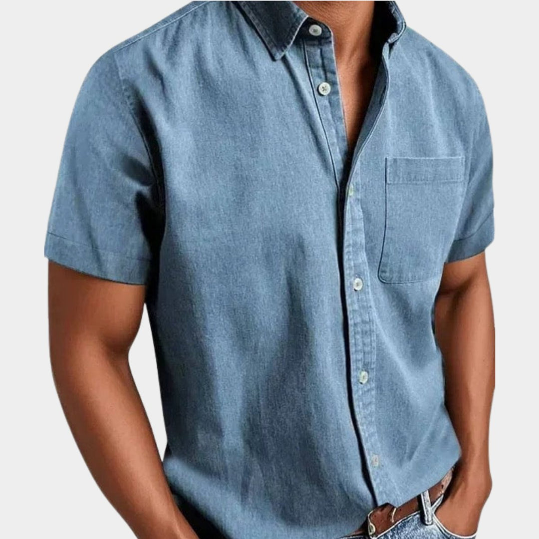 Herren Kurzarm Denim-Freizeithemd mit Brusttasche - Hellblau