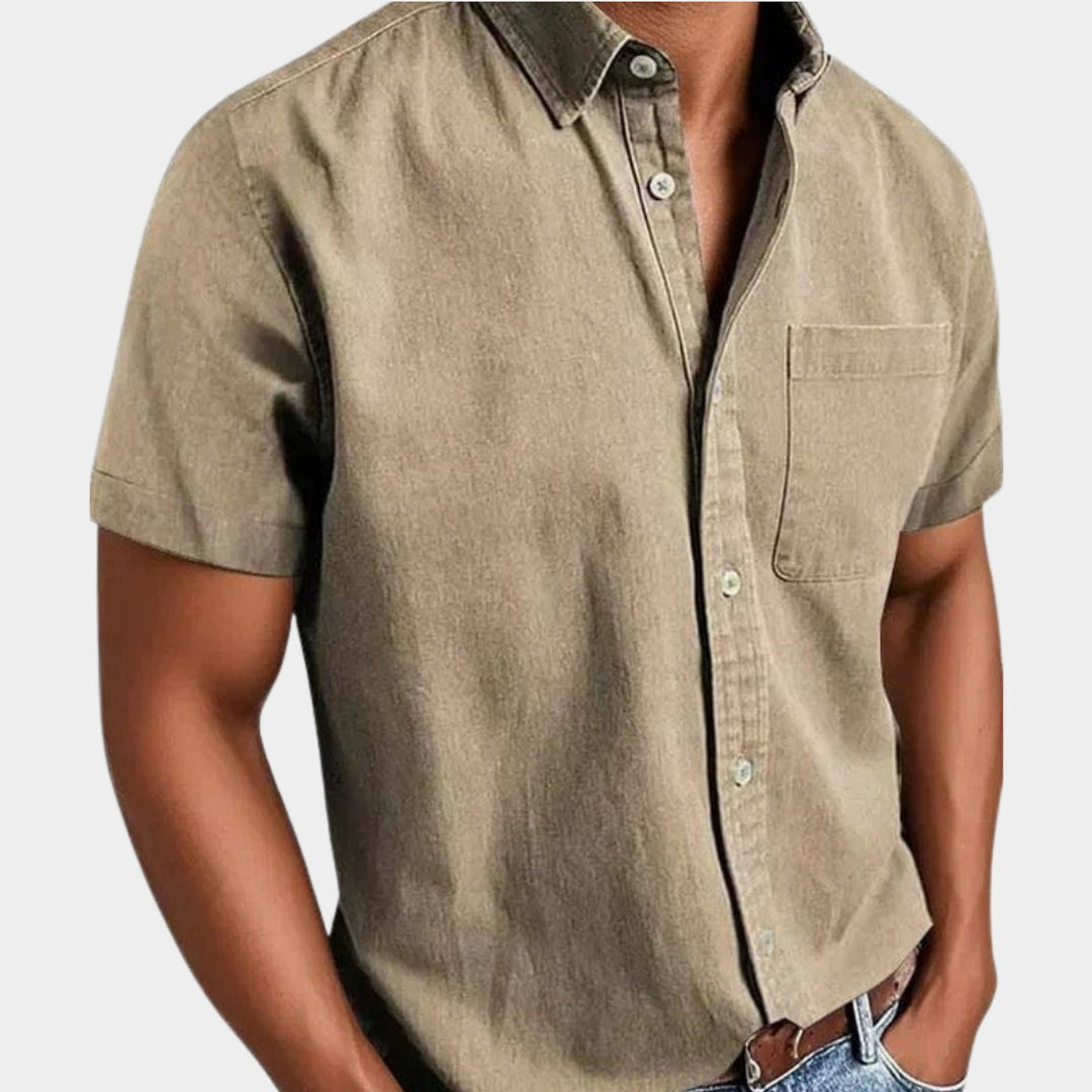Herren Kurzarm Denim-Freizeithemd mit Brusttasche - Beige