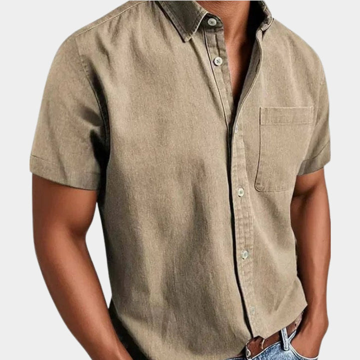 Herren Kurzarm Denim-Freizeithemd mit Brusttasche - Beige