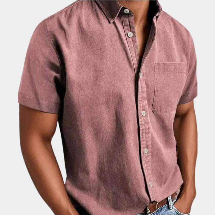 Herren Kurzarm Denim-Freizeithemd mit Brusttasche - Rosa