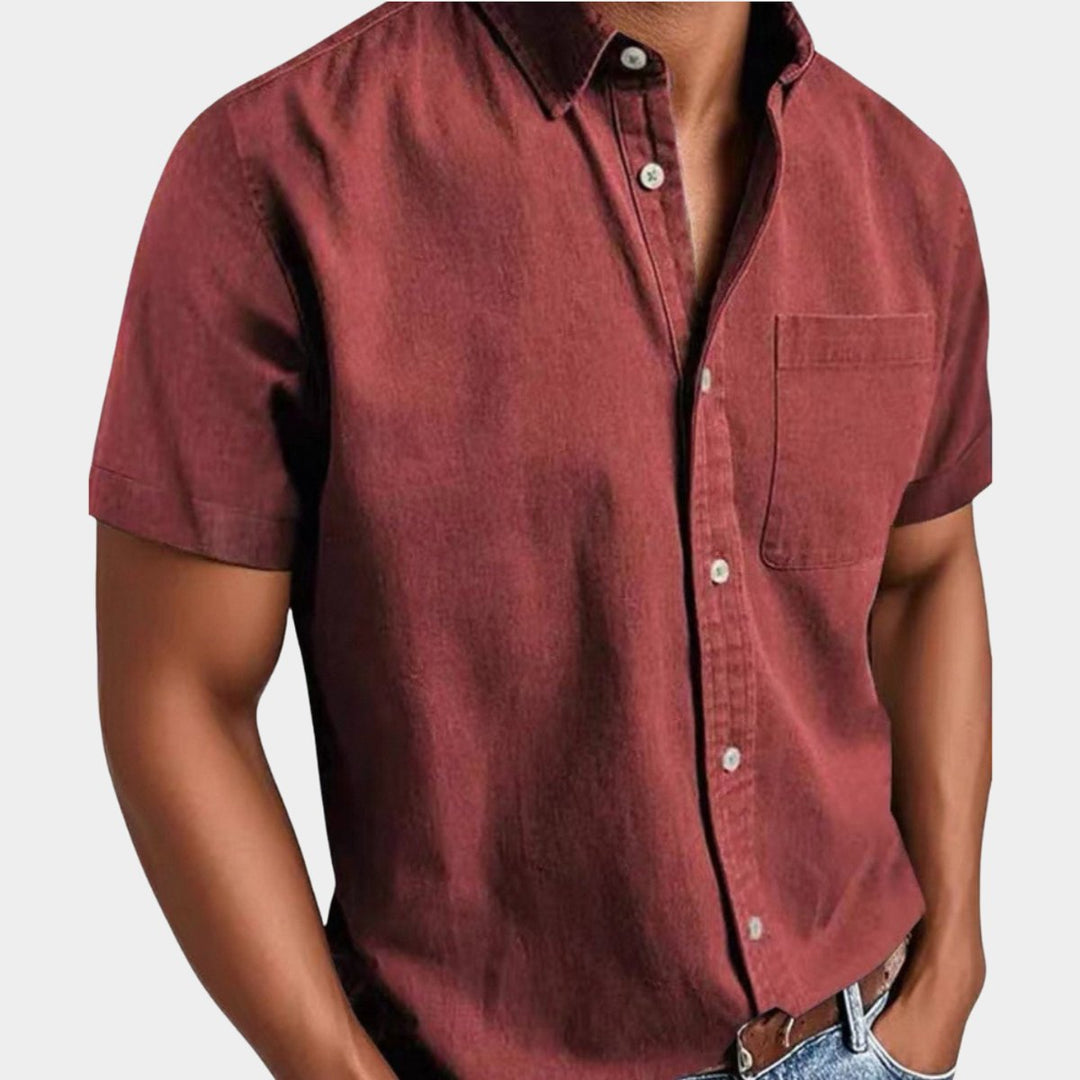 Herren Kurzarm Denim-Freizeithemd mit Brusttasche - Rot