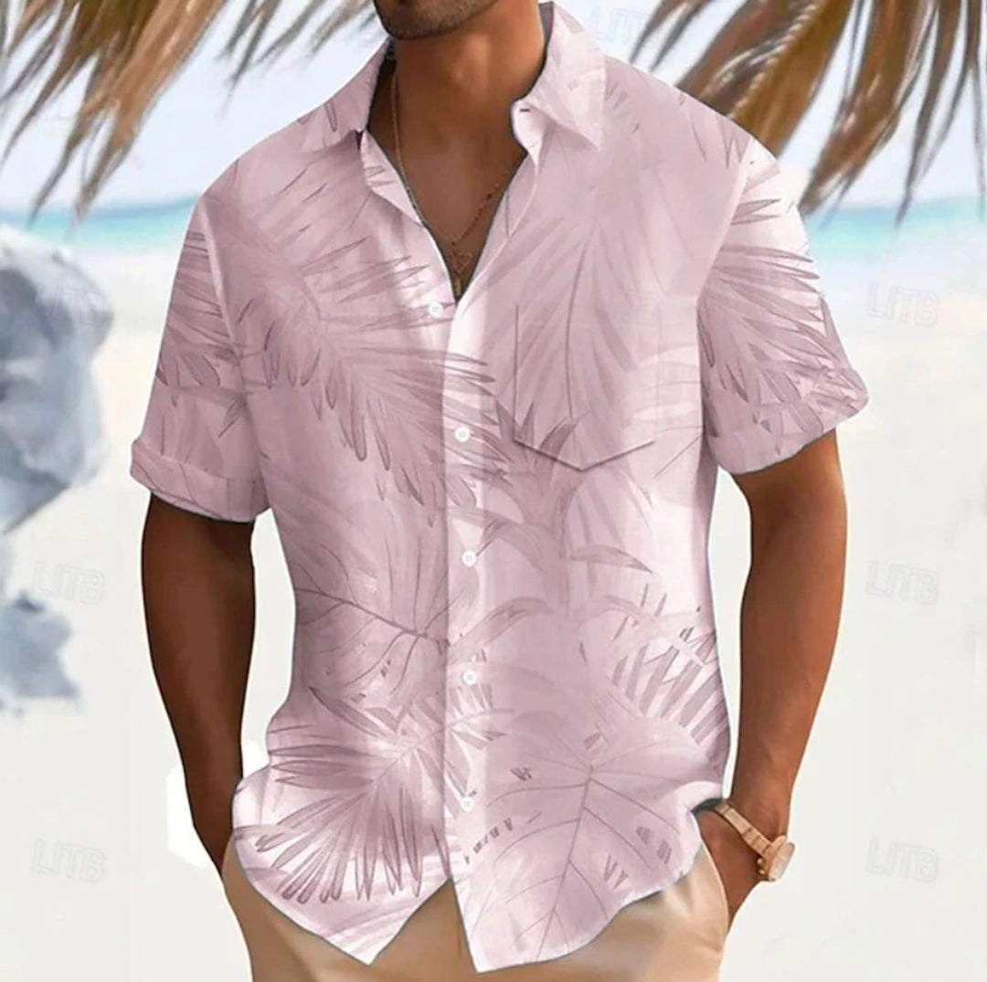 Herren Kurzarm Freizeithemd Blättermuster Sommerhemd - Rosa