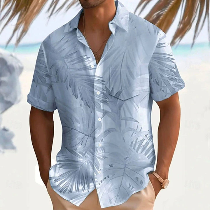 Herren Kurzarm Freizeithemd Blättermuster Sommerhemd - Blau