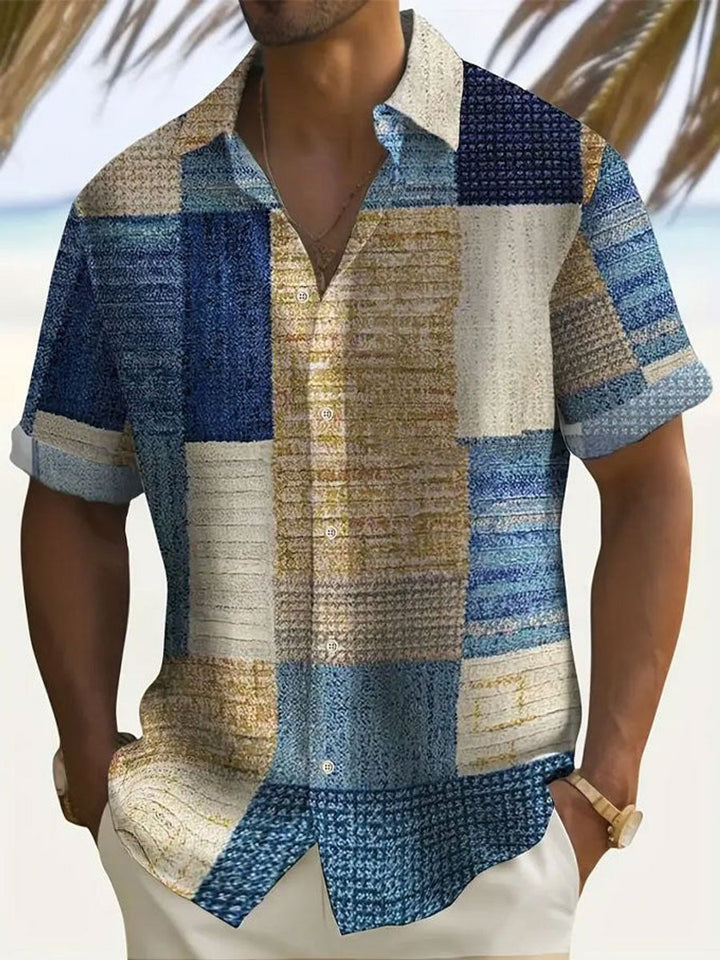 Herren Kurzarm-Freizeithemd Gestreiftes Patchwork-Muster Knopfleiste - Blau