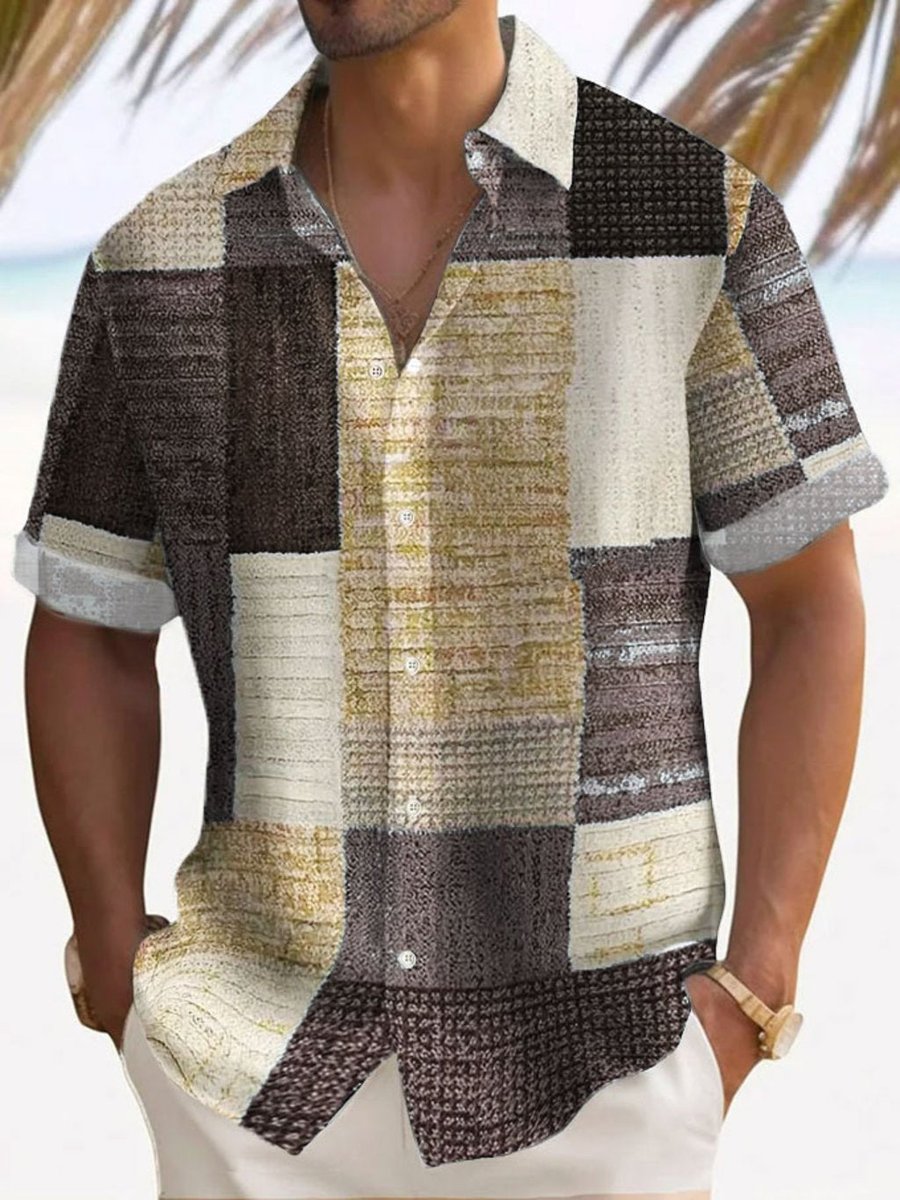 Herren Kurzarm-Freizeithemd Gestreiftes Patchwork-Muster Knopfleiste - Kaffee