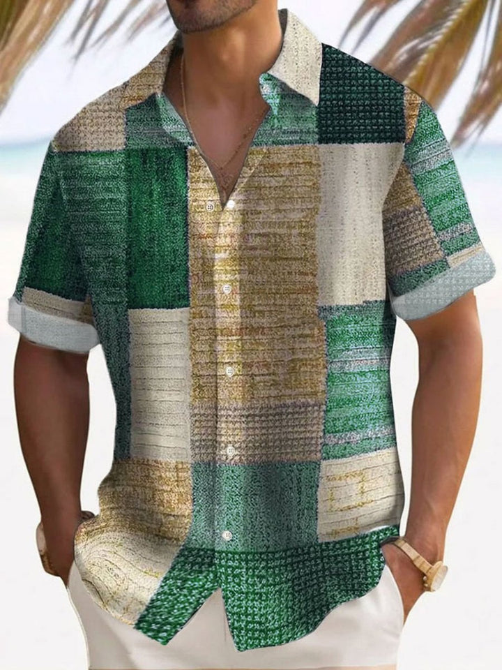Herren Kurzarm-Freizeithemd Gestreiftes Patchwork-Muster Knopfleiste - Grün