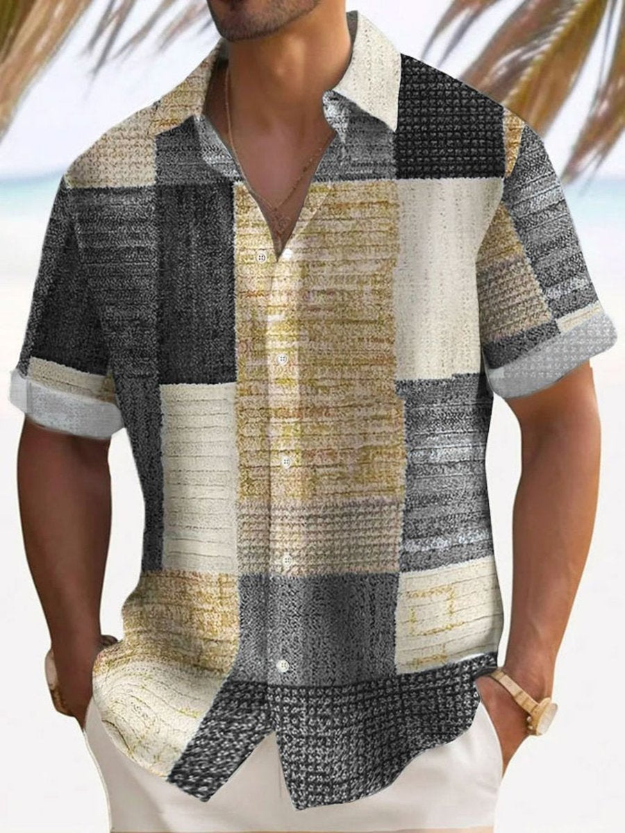 Herren Kurzarm-Freizeithemd Gestreiftes Patchwork-Muster Knopfleiste - Grau