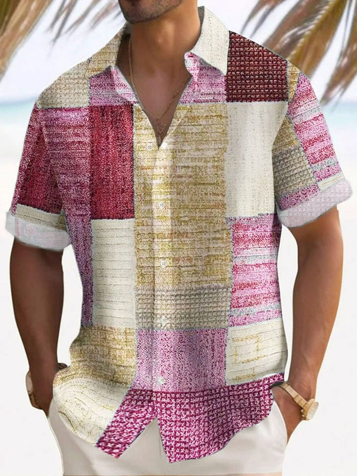 Herren Kurzarm-Freizeithemd Gestreiftes Patchwork-Muster Knopfleiste - Rosa