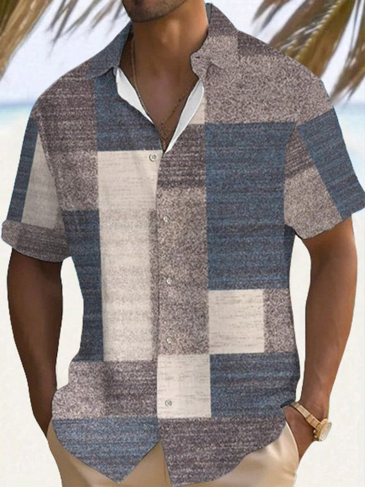 Herren Kurzarm-Freizeithemd Gestreiftes Patchwork-Muster Knopfleiste - Hellgrau