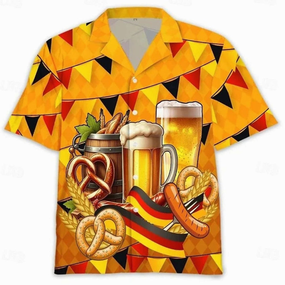 Herren Kurzarm Hawaiihemd Oktoberfest Bier Brezel Wurst Motiv