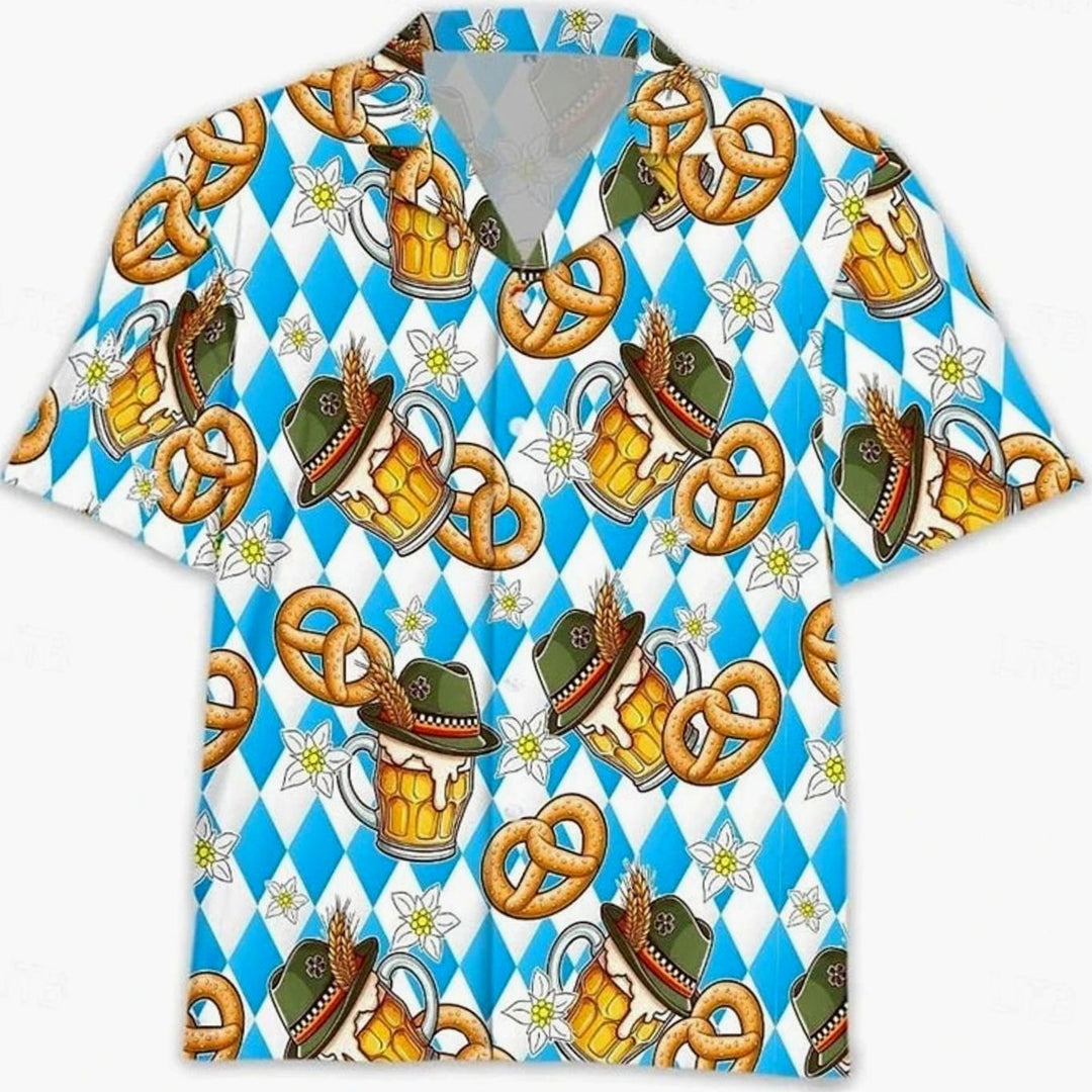 Herren Kurzarm Hawaiihemd Oktoberfest Bier Brezel Wurst Motiv