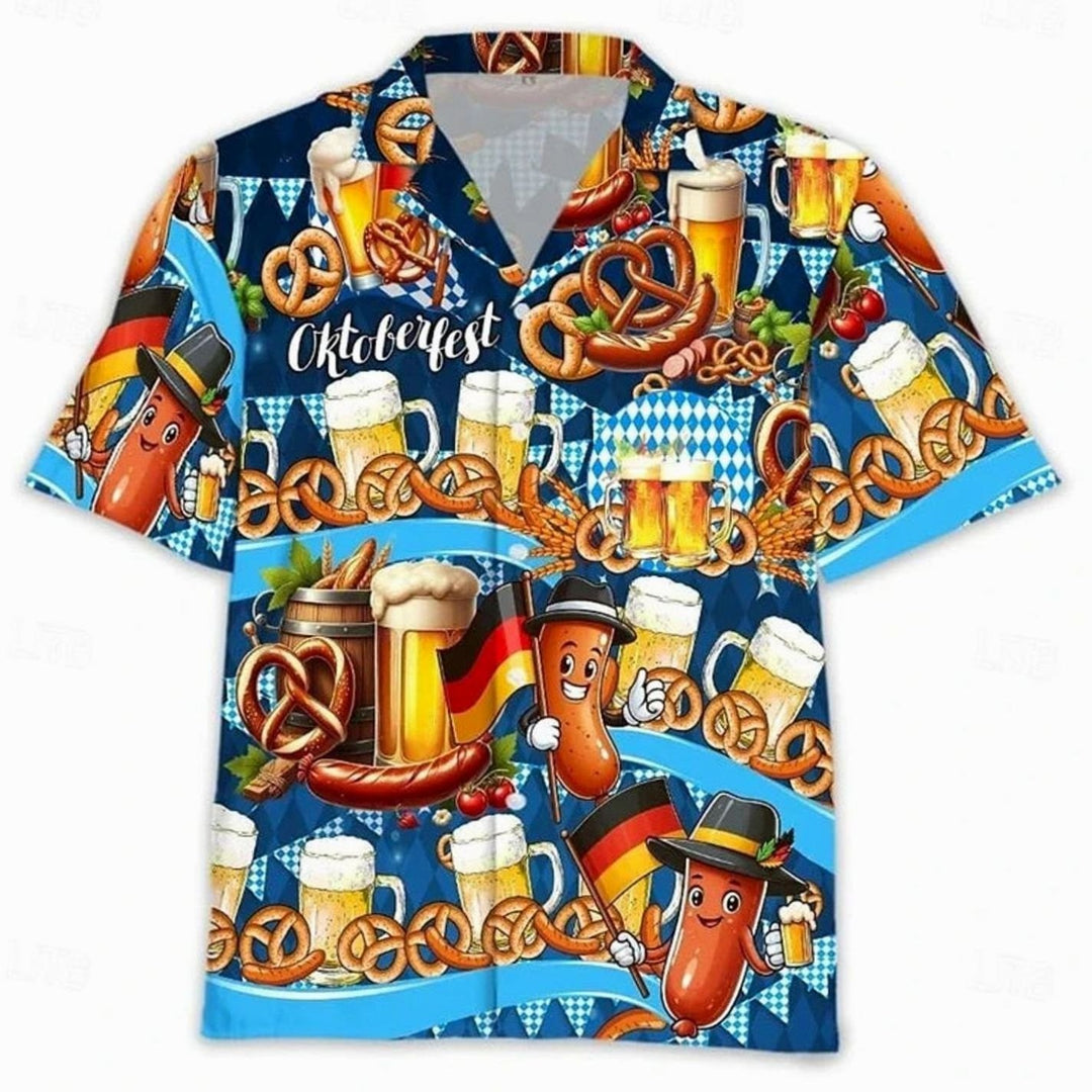 Herren Kurzarm Hawaiihemd Oktoberfest Bier Brezel Wurst Motiv