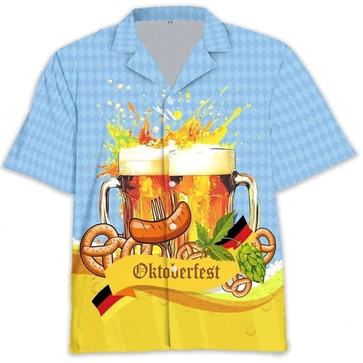 Herren Kurzarm Hawaiihemd Oktoberfest Bier Brezel Wurst Motiv