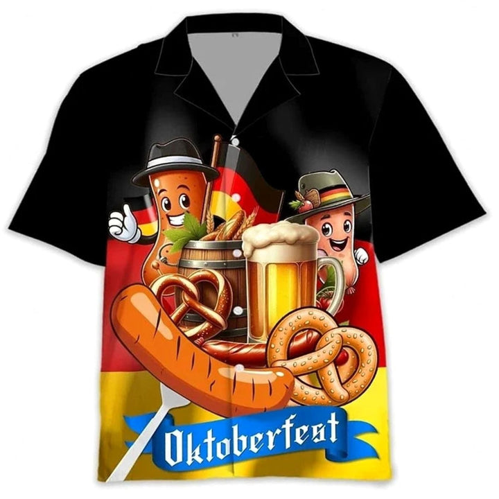 Herren Kurzarm Hawaiihemd Oktoberfest Bier Brezel Wurst Motiv