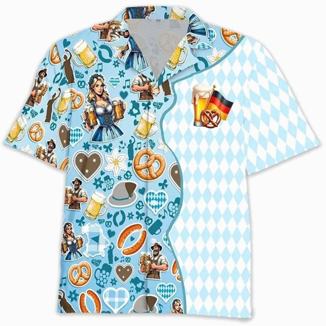 Herren Kurzarm Hawaiihemd Oktoberfest Bier Brezel Wurst Motiv