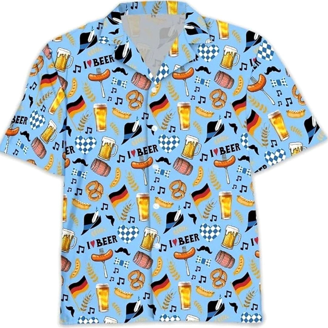 Herren Kurzarm Hawaiihemd Oktoberfest Bier Brezel Wurst Motiv