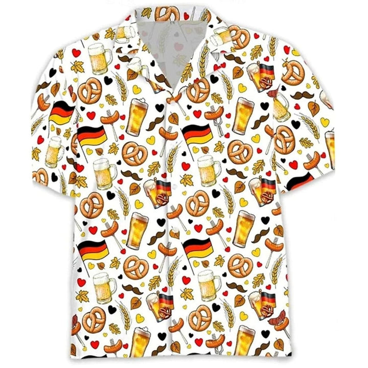 Herren Kurzarm Hawaiihemd Oktoberfest Bier Brezel Wurst Motiv