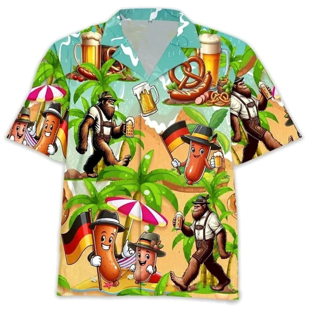 Herren Kurzarm Hawaiihemd Oktoberfest Bier Brezel Wurst Motiv