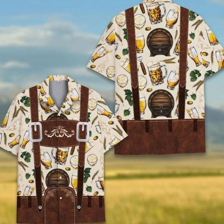Herren Kurzarm-Hawaiihemd Oktoberfest Lederhosen-Look Bierkrug-Muster