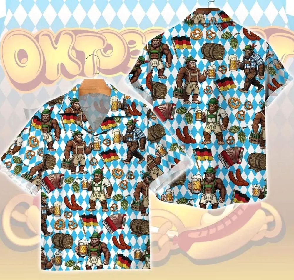 Herren Kurzarm-Hawaiihemd Oktoberfest Lederhosen-Look Bierkrug-Muster