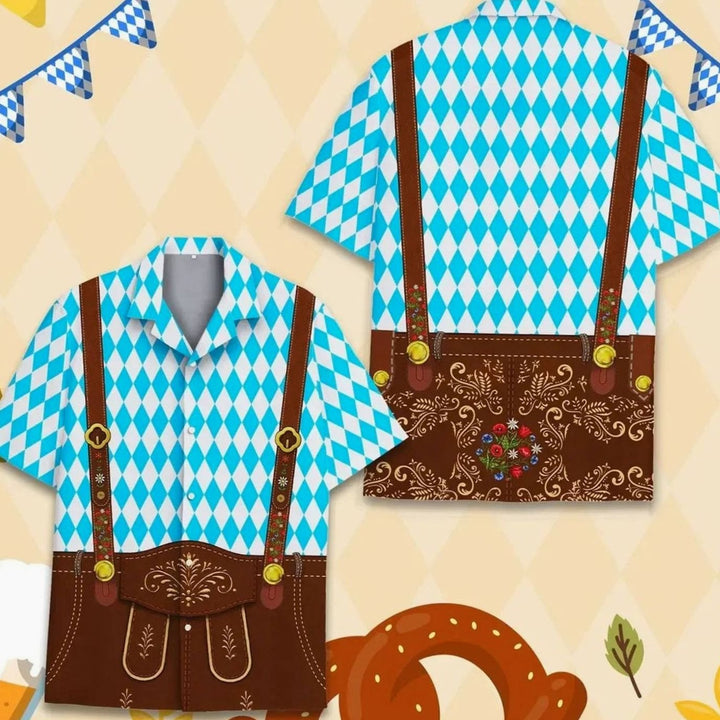 Herren Kurzarm-Hawaiihemd Oktoberfest Lederhosen-Look Bierkrug-Muster