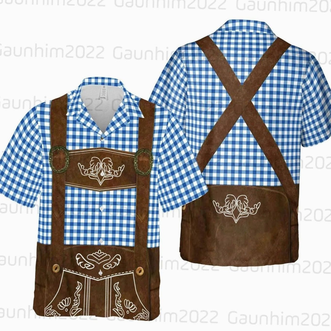 Herren Kurzarm-Hawaiihemd Oktoberfest Lederhosen-Look Bierkrug-Muster