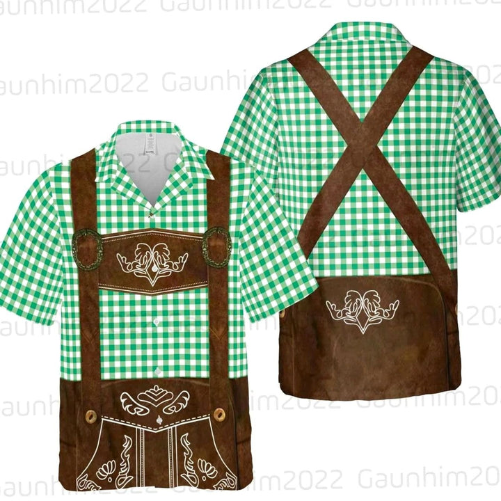 Herren Kurzarm-Hawaiihemd Oktoberfest Lederhosen-Look Bierkrug-Muster