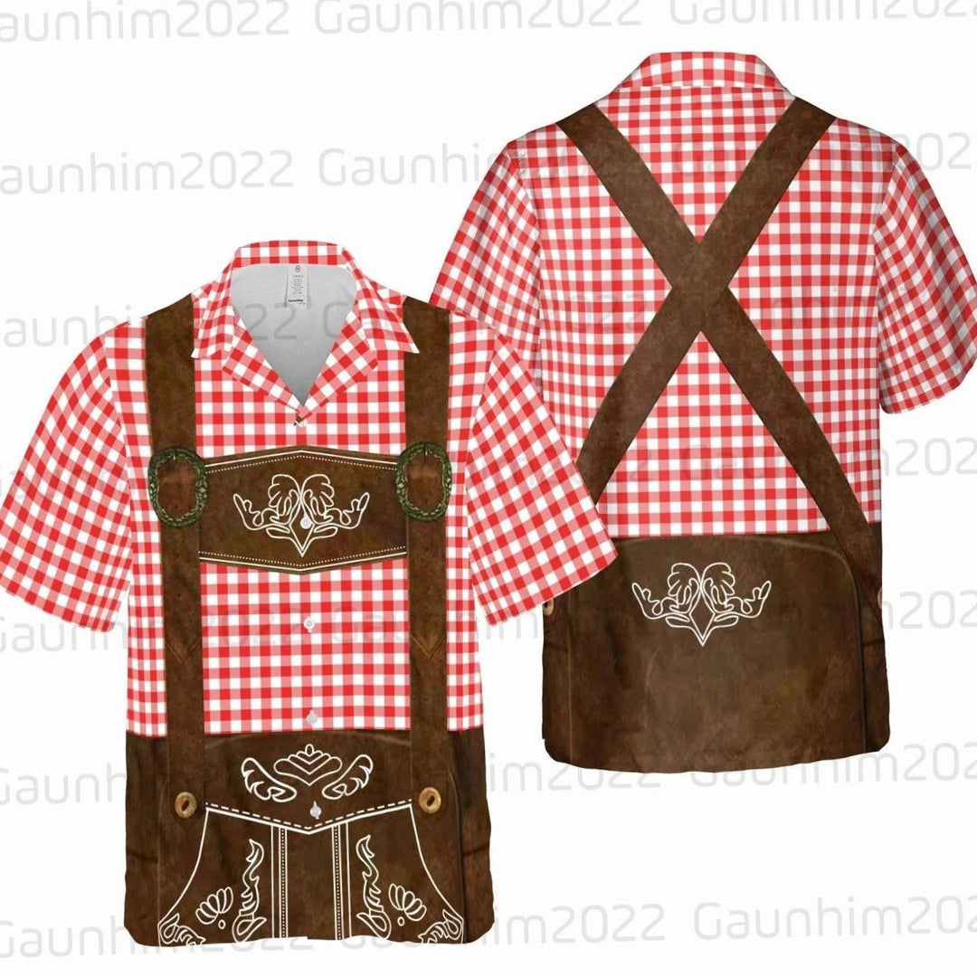 Herren Kurzarm-Hawaiihemd Oktoberfest Lederhosen-Look Bierkrug-Muster