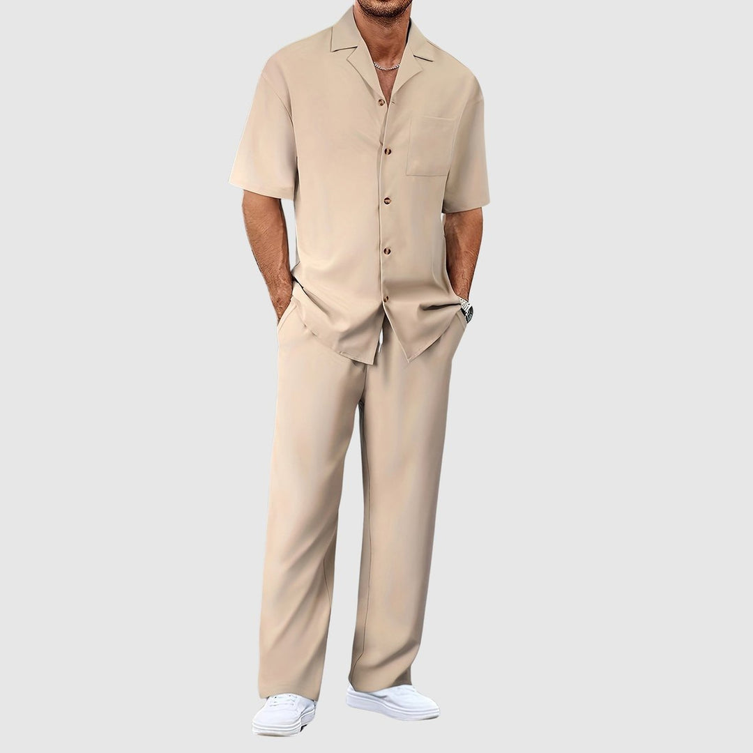 Herren Kurzarm-Hemd Zweiteiler Lockeres Sommer-Set - Khaki