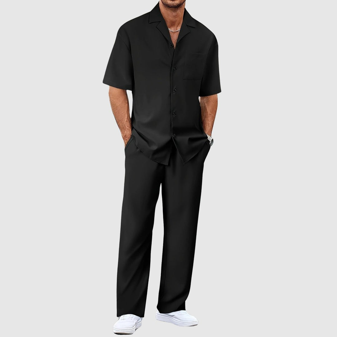 Herren Kurzarm-Hemd Zweiteiler Lockeres Sommer-Set - Schwarz