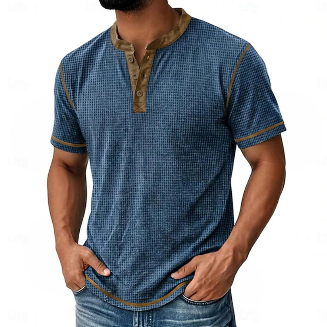 Herren Kurzarm Henley-Shirt mit Waffelstruktur und Knopfleiste - Marineblau