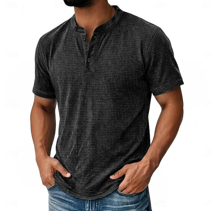 Herren Kurzarm Henley-Shirt mit Waffelstruktur und Knopfleiste - Schwarz