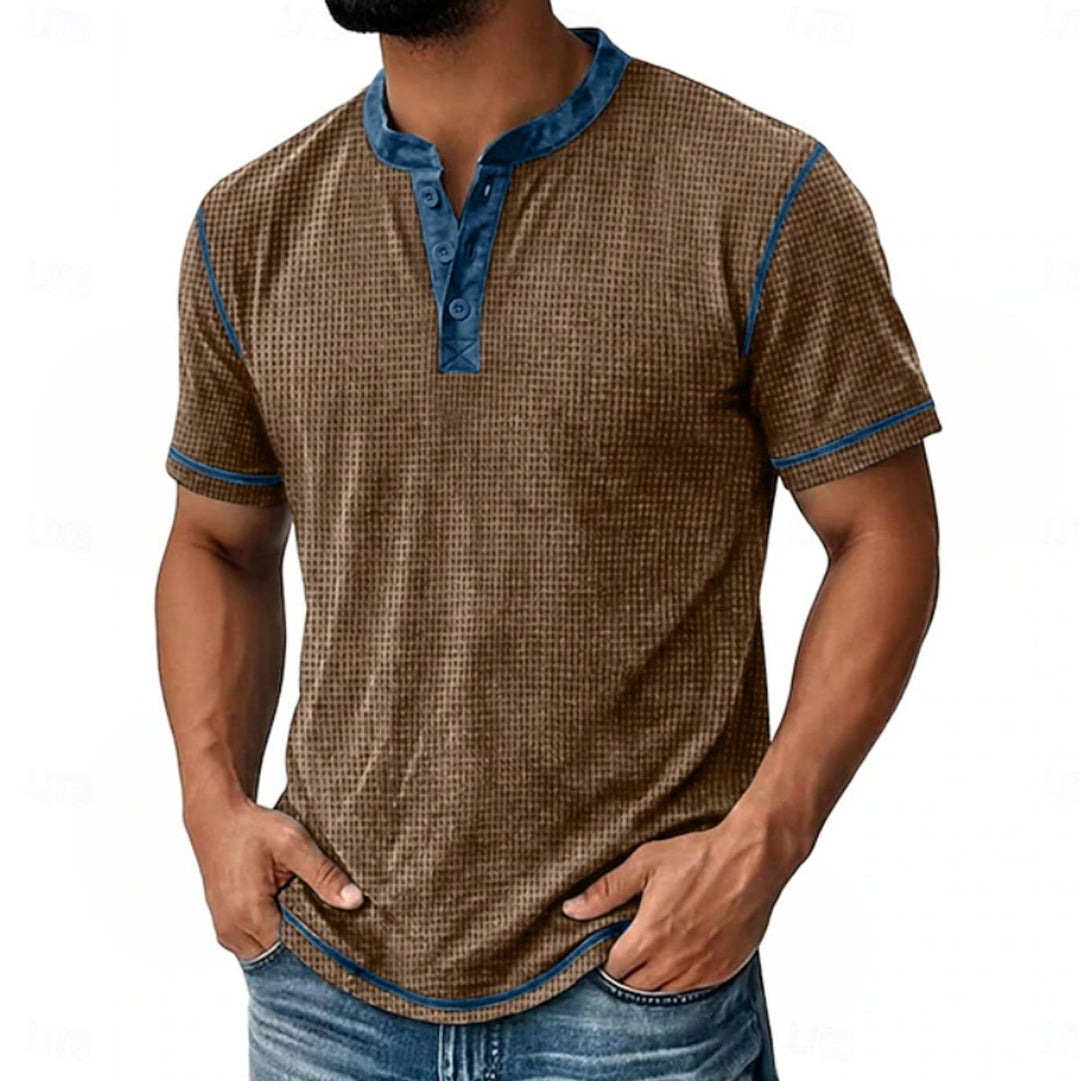 Herren Kurzarm Henley-Shirt mit Waffelstruktur und Knopfleiste - Braun