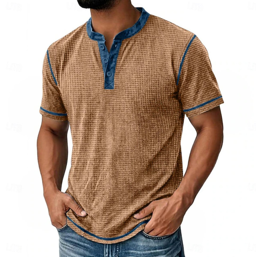 Herren Kurzarm Henley-Shirt mit Waffelstruktur und Knopfleiste - Beige