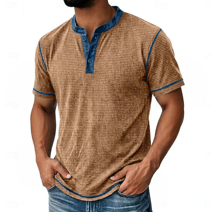 Herren Kurzarm Henley-Shirt mit Waffelstruktur und Knopfleiste - Beige