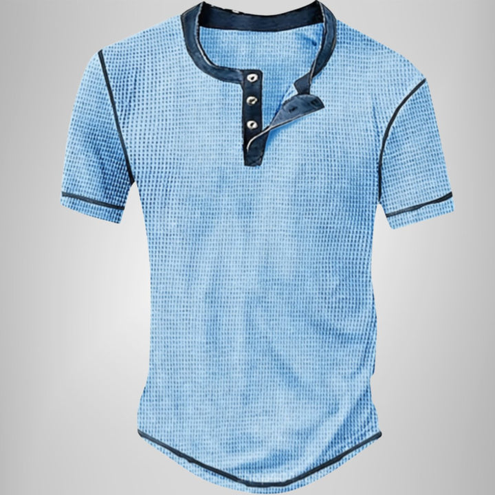 Herren Kurzarm Henley-Shirt mit Waffelstruktur und Knopfleiste - Blau