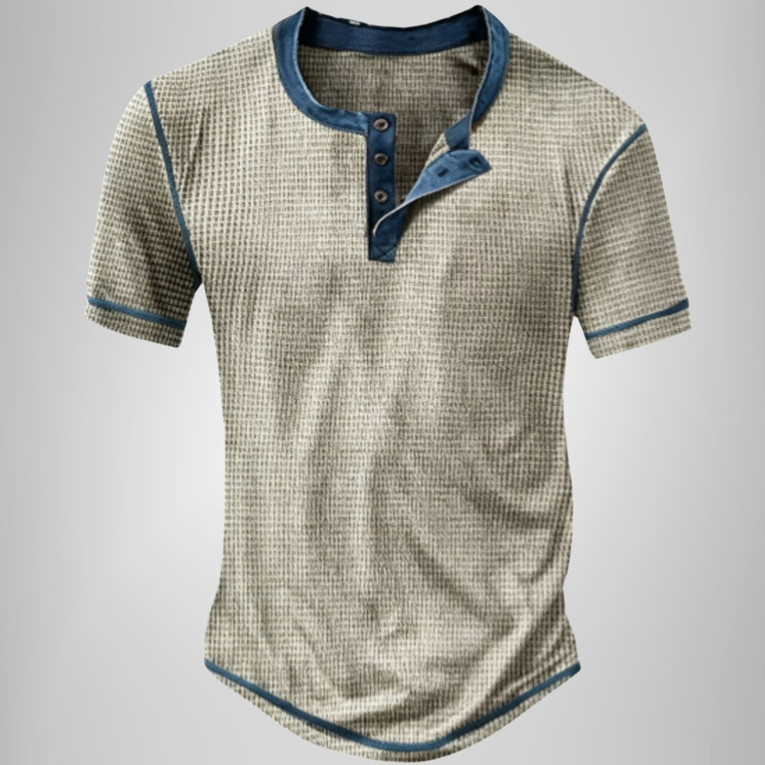 Herren Kurzarm Henley-Shirt mit Waffelstruktur und Knopfleiste - Grau