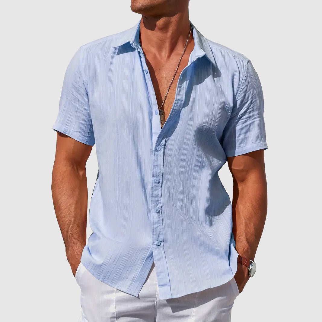 Herren Kurzarm Leinen Knopfleiste Hemd - Light Blue