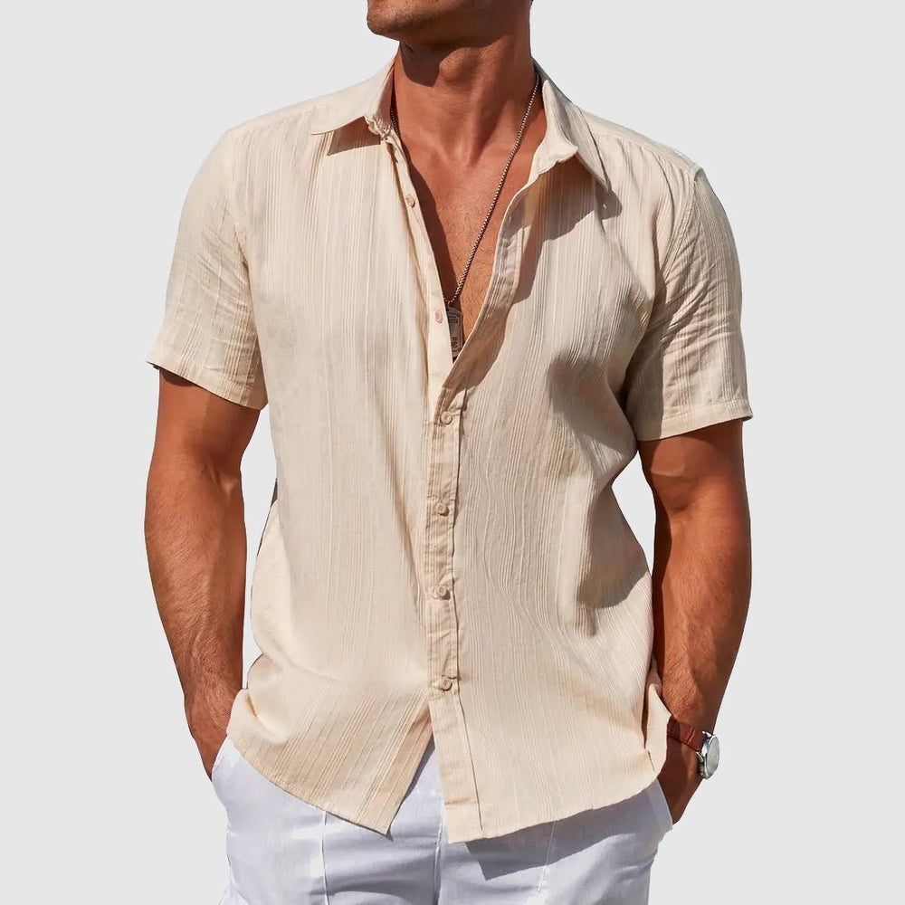 Herren Kurzarm Leinen Knopfleiste Hemd - Beige